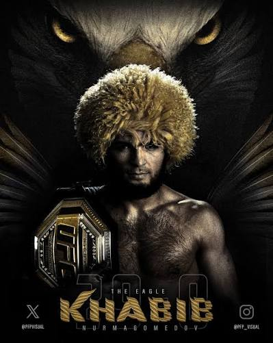 Promotional poster for UFC fighter 'KHABIB NURMAGOMEDOV', nicknamed 'THE EAGLE', showing him holding a championship belt while an eagle looms behind him.