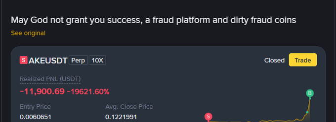 A user shares their disastrous -11,900.69 USDT (-19621.60%) loss on the AKEUSDT perpetual pair, showing an entry price of 0.0060651 vs. average close of 0.1221991, lamenting starting with just $60 and losing $12K within a month on a platform they accuse of being a "fraud."