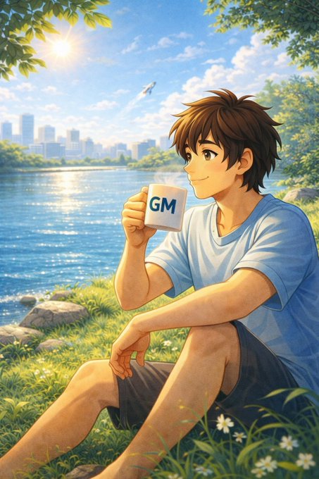 The image features a young man sitting outdoors with his legs crossed while holding a coffee cup. The scene takes place near a body of water, possibly a lake or river, which adds a serene atmosphere to the picture. The man appears to be enjoying his time and is likely taking a break from work or daily activities.