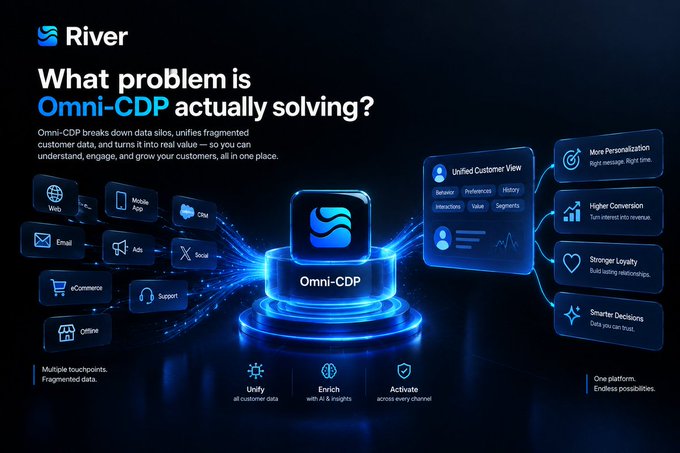 The image is a promotional graphic from River (RiverdotInc) titled "What problem is Omni-CDP actually solving?" It illustrates how Omni-CDP unifies fragmented customer data from multiple touchpoints (Web, Mobile App, Email, Chat, Ads, Social, eCommerce, Support, Offline) into one platform, transforming "Multiple touchpoints. Fragmented data." into "One platform. Endless possibilities." through unify, enrich, and activate capabilities—though the accompanying post draws a parallel by likening this data unification to eliminating cross-chain friction for ETH holders moving capital between chains.