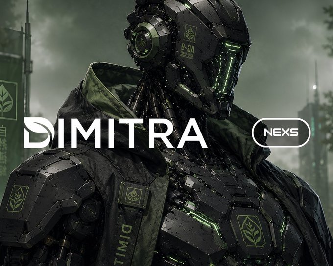 A sci-fi style promotional image featuring a futuristic robotic figure with the logos 'DIMITRA' and 'NEXS' prominently displayed.