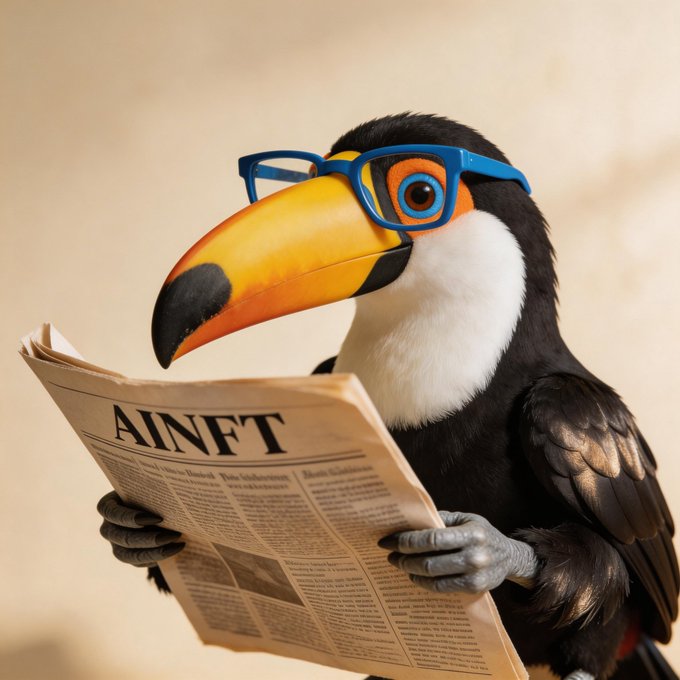 A toucan wearing blue glasses reads a newspaper with the headline 'AINET'.