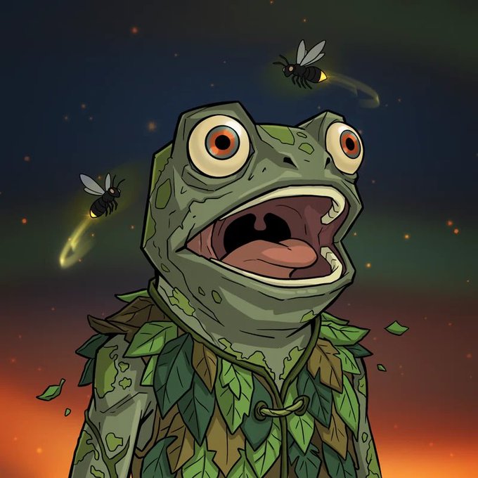 A cartoon illustration of a wide-mouthed frog-like creature wearing a leafy cloak, with two glowing bees buzzing around its head.