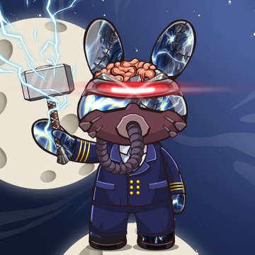 The image features a cartoon character dressed as a pilot, holding a hammer with red eyes and a red light behind his head. The character appears to be wearing a suit and a mask, giving him an air of authority or power. The background is dark blue, which contrasts with the bright red lights coming from the character's eyes. There are no other objects in the image besides the pilot character and the hammer he holds.