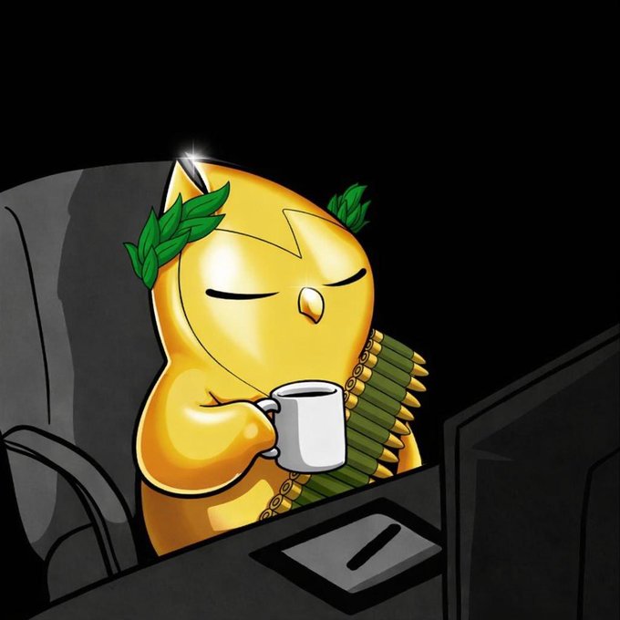 A digital illustration of a golden, pill-shaped character wearing a laurel wreath and bandolier, peacefully sipping from a white mug.