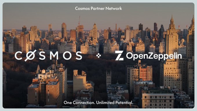 A promotional image featuring the 'Cosmos Partner Network' with the Cosmos and OpenZeppelin logos displayed against a backdrop of a New York City skyline at sunset, accompanied by the tagline 'One Connection. Unlimited Potential.'