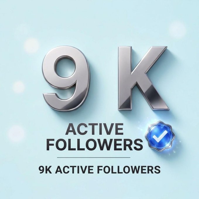 A graphic displaying '9K ACTIVE FOLLOWERS' with a metallic silver '9K' text and a blue verified checkmark badge on a light blue background.