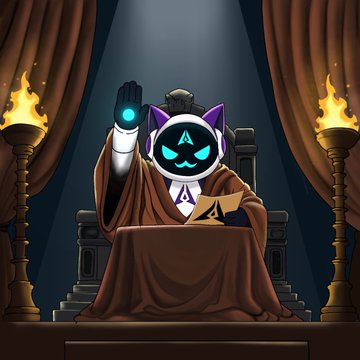 An illustrated character with a glowing, robotic cat-like face and dark robes sits on a throne-like chair, holding up a hand with a glowing blue center, flanked by burning torches.