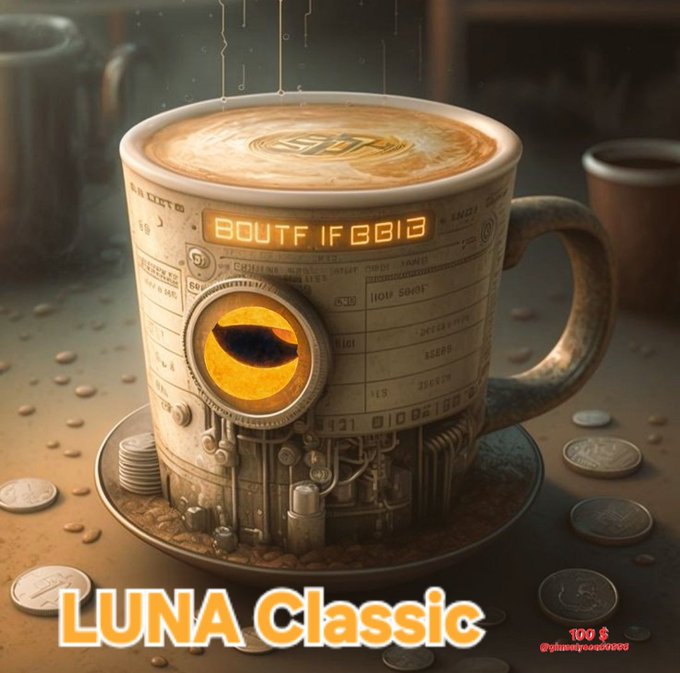 A stylized digital artwork of a coffee mug with steampunk/mechanical elements and an orange glowing eye-like feature, labeled 'Luna Classic' at the bottom with a price tag of 100$, watermarked @plumysuccors.