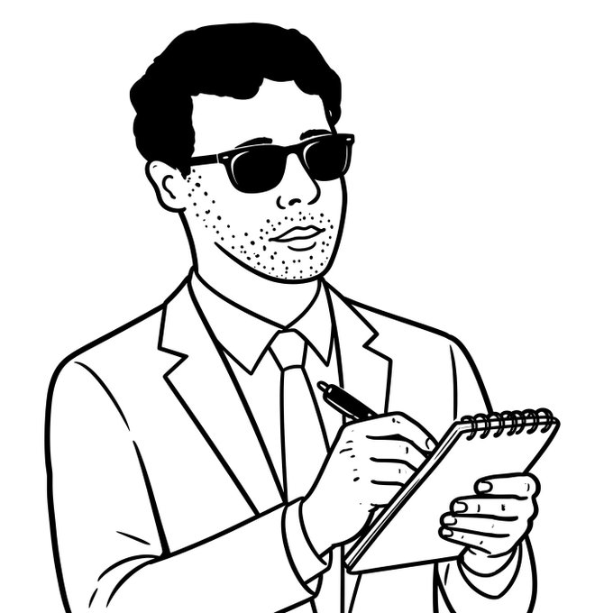 A black-and-white line drawing of a man in sunglasses, shirt, and tie, writing in a notepad with a pen.