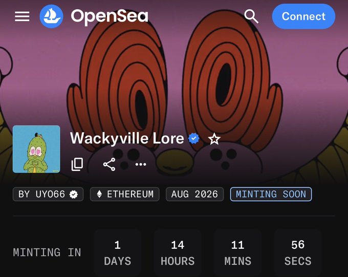 OpenSea NFT marketplace page for 'Wackyville Lore' by UY066 on Ethereum, showing a countdown timer to minting.