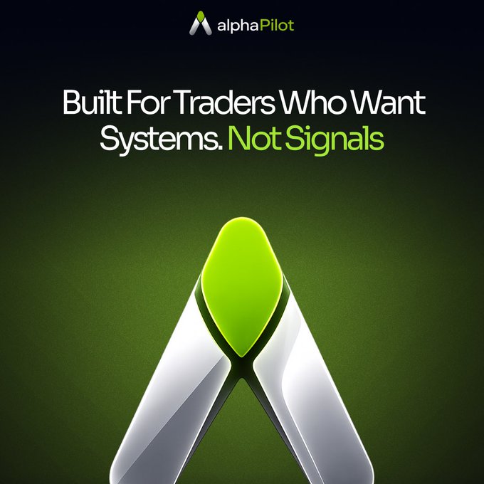 A promotional graphic for **alphaPilot** features its green and silver "A" logo against a dark green gradient background, with the tagline "Built For Traders Who Want Systems. Not Signals"—reinforcing the post's message that systematic, process-driven trading outperforms relying on isolated trade signals.