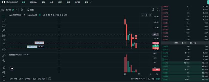 A Hyperliquid trading chart showing XYZ100USD with significant price movement around the 250 range, displayed in Chinese interface.