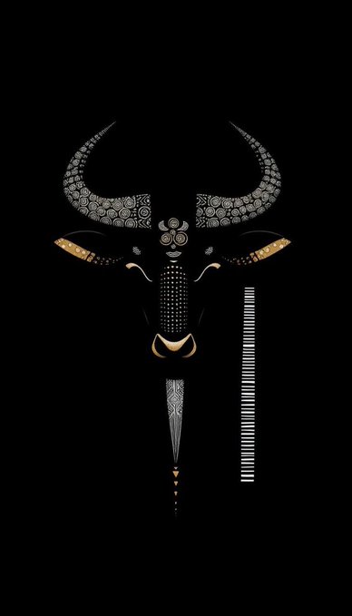 A minimalist stylized illustration of a bull's head composed of intricate dot and line patterns in white and gold against a black background.