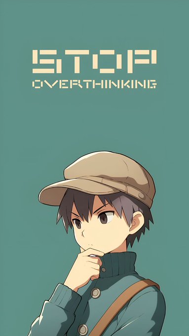 An anime-style illustration shows a young boy in a green turtleneck and cap in a thinking pose, with the title text 'STOP OVERTHINKING' displayed above him.