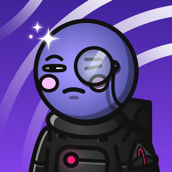 A cartoon astronaut character wearing a monocle and a black spacesuit with a glowing red button, set against a purple background with sparkles.