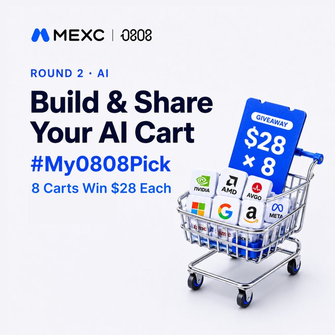 A promotional graphic for MEXC's "Round 2 · AI" contest invites participants to "Build & Share Your AI Cart" using hashtag #My0808Pick, where 8 carts win $28 each, with a giveaway tag displaying "$28 × 8." The image features a 3D shopping cart filled with AI-related stock cube icons including NVIDIA, AMD, AVGO, Microsoft, Google, Amazon, and Meta, visually reinforcing the challenge to select 5 AI stocks.