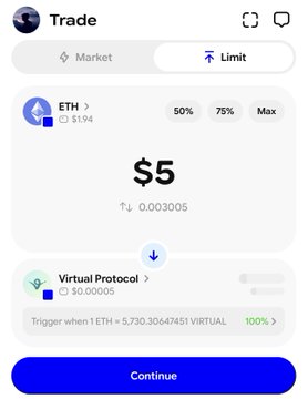 The image shows an interface for a cryptocurrency exchange where a user has just posted orders. The interface has a blue header, and the top right corner displays "Trade", "Limit Orders", and "LIMIT = 75%". Below these options is a list of instructions on how to set up and execute limit orders on the cryptocurrency market. The user can enter an amount they want to spend in Etherium and then click "Trade" to initiate the order placement process, while simultaneously ensuring their conditions are met before the order is executed.