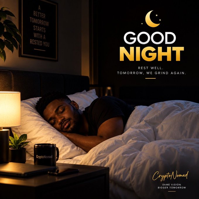 A promotional graphic reading 'GOOD NIGHT' and 'REST WELL. TOMORROW, WE GRIND AGAIN.' featuring a smiling Black man sleeping peacefully in bed, with 'CryptoNomad' branding.