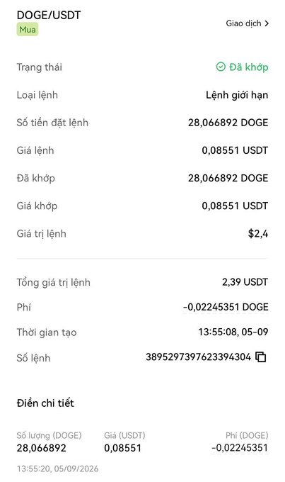 A Vietnamese-language cryptocurrency exchange order details screen for a DOGE/USDT limit buy order, showing 28.066892 DOGE purchased at 0.08551 USDT for a total order value of 2.39 USDT and a fee of -0.02245351 DOGE.