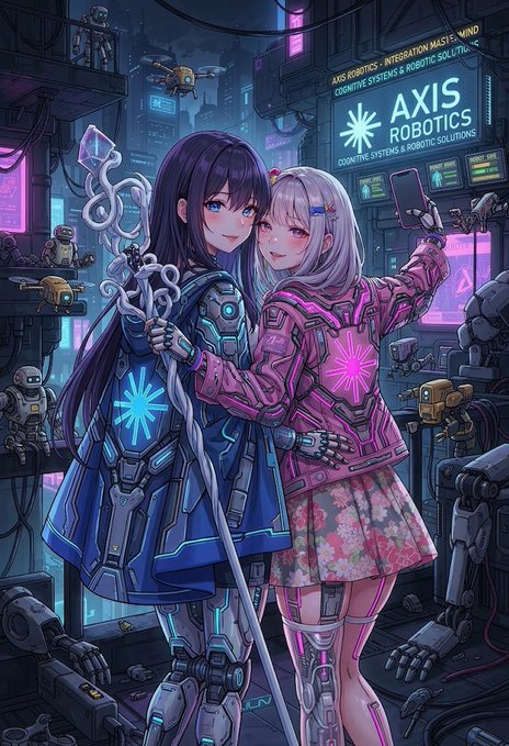 An anime-style illustration of two girls with cybernetic enhancements standing together in a cyberpunk city setting, with a sign reading 'AXIS ROBOTICS - AXIS ROBOTICS - INTEGRATION MASTERMIND - COGNITIVE SYSTEMS & ROBOTIC SOLUTIONS' visible in the background.