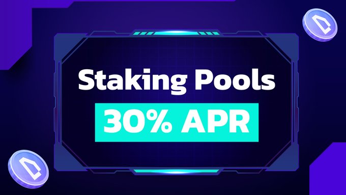The image features a banner with an abstract design of blue, purple, green, and white colors. The text written above and below the design reads "STAKING POOLS 30% APR. That is not a typo". Below this information, there are three coins scattered throughout the scene, symbolizing different options or rewards for those who participate in the pool.