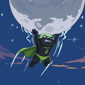 Cartoon illustration of a small green and black superhero-like figure holding up a large grey moon against a starry night sky.