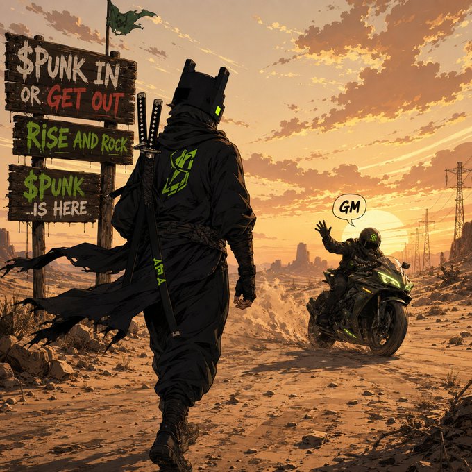 A post-apocalyptic desert scene showing a black-clad figure with a sword standing before a wooden sign reading '$PUNK IN OR GET OUT,' '$PUNK IS HERE,' and 'RISE AND ROCK,' while a motorcyclist waves with a speech bubble saying 'GM.'