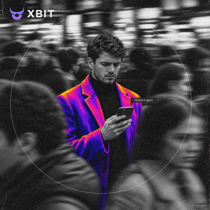 A stylized digital illustration of a man in a vibrant pink and blue suit looking at his phone amidst a grayscale crowd, with an 'XBIT' logo in the corner and a notification reading 'Missed it again.'