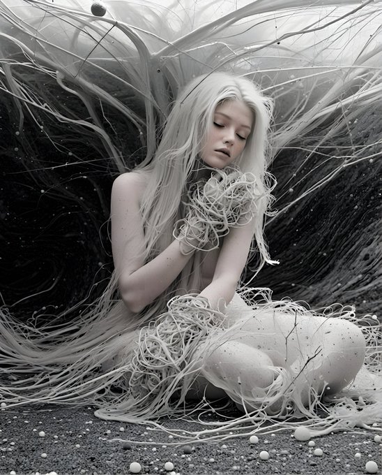 A black-and-white fantasy artwork of a pale woman with long white hair sitting in a swirling nest of threads or roots, surrounded by floating orbs on the ground.