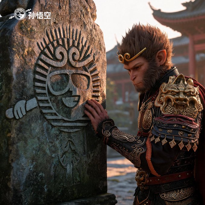A monkey king warrior in ornate golden armor touches a stone carved with a sun-face symbol, with Chinese characters "孙悟空" visible in the corner.