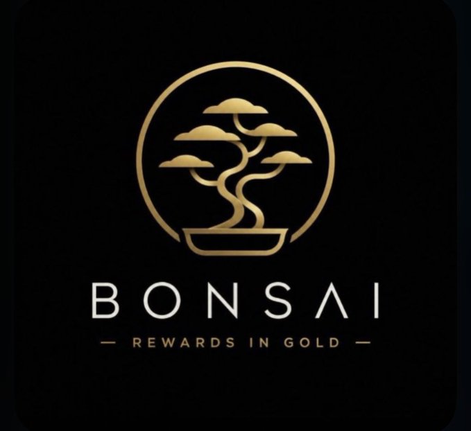 Black logo image for 'BONSAI' featuring a gold bonsai tree in a circular emblem with the tagline 'REWARDS IN GOLD' underneath.