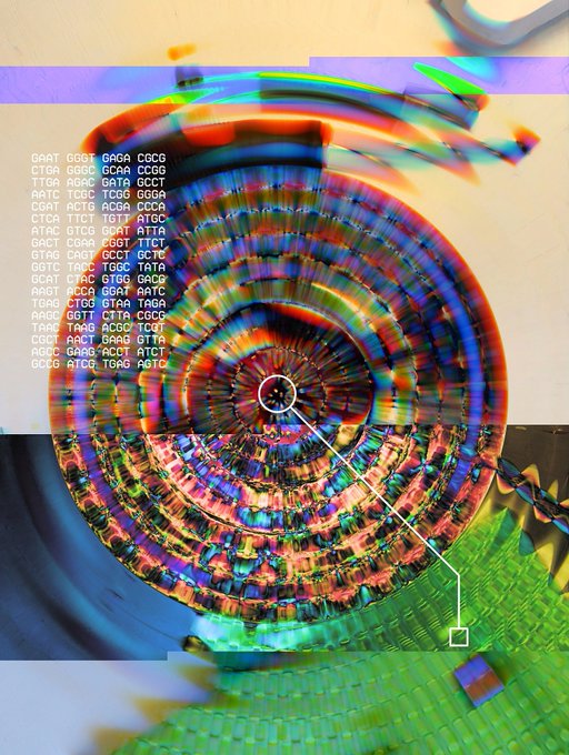 A glitch-art image showing a colorful, distorted circular object resembling a spiral shell or vortex, overlaid with sequences of DNA nucleotide bases (A, C, G, T) on the left side, with a magnifying line connecting a section to a pixelated green square below.