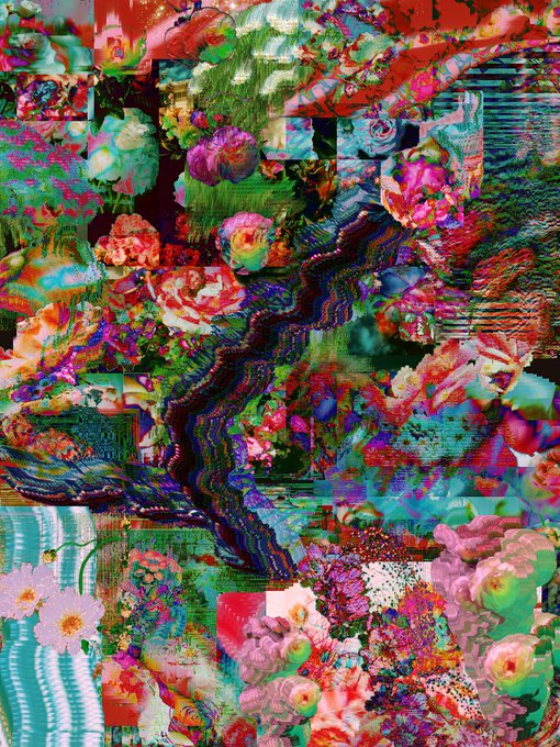 A heavily distorted, glitch-art style image showing a chaotic collage of flowers, particularly roses and daisies, with intense color saturation, pixelation, and wave-like visual artifacts.