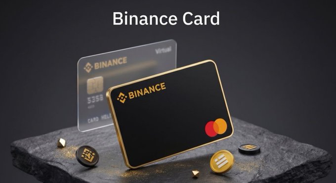 A promotional image shows two "BINANCE" branded payment cards (one physical, one virtual) displayed on a dark stone slab, with the text "Binance Card" above.