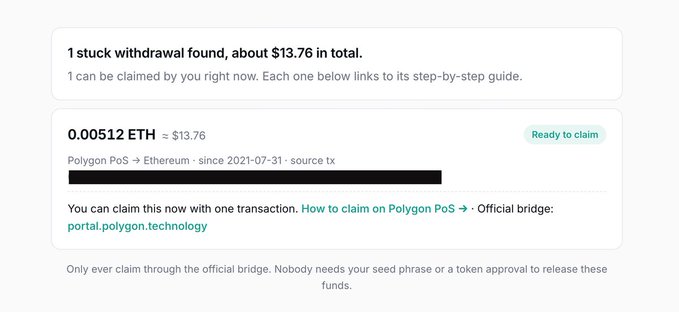 A screenshot shows a crypto withdrawal of '0.00512 ETH' (about $13.76) that is 'Ready to claim' via the official Polygon bridge, with a warning not to share seed phrases.