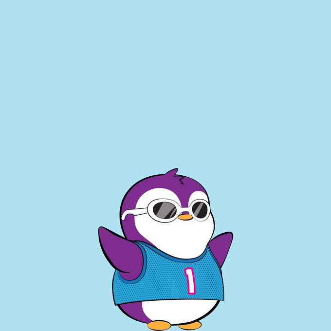 The image features a cartoon penguin wearing sunglasses, a blue shirt with a number 1 on it, and holding a pink object. The background of the image is a light blue color that contrasts nicely with the penguin's outfit. The caption "Show me your favourite Lil Pudgy" suggests that this image might be related to a post about the character Lil Pudgy from the cartoon series "Penguins".