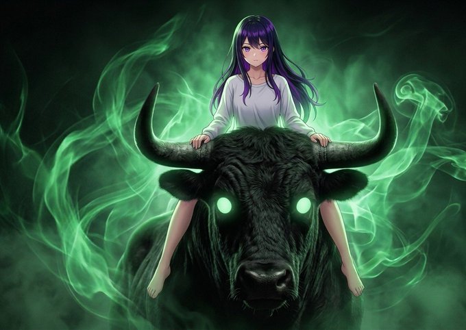 Anime-style digital art of a purple-haired girl in a white shirt riding a black bull with glowing green eyes, surrounded by ethereal green smoke.
