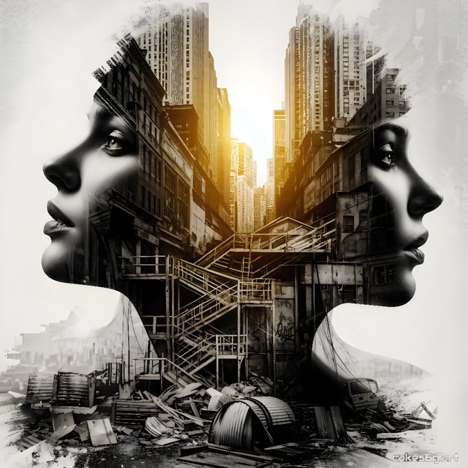 A black-and-white surrealist digital artwork by 'cakesEg.art' showing two human profiles merged with urban skyscrapers and industrial stairs.