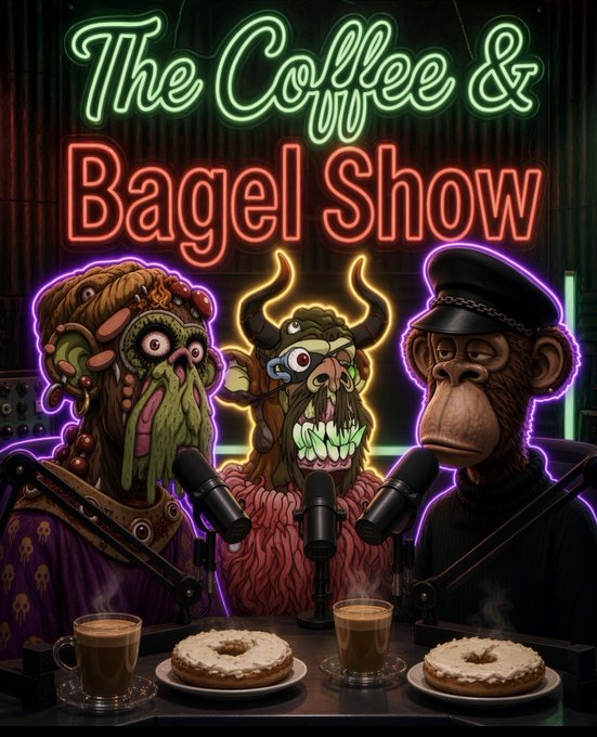 A neon-lit digital illustration titled 'The Coffee & Bagel Show' featuring three stylized Bored Ape-style characters seated at a podcast desk with microphones, coffee, and bagels.