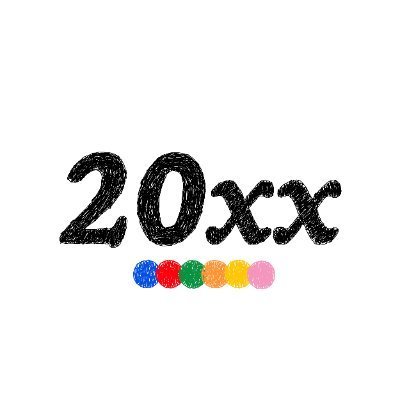 Hand-drawn '20xx' text with a row of six colored dots underneath.