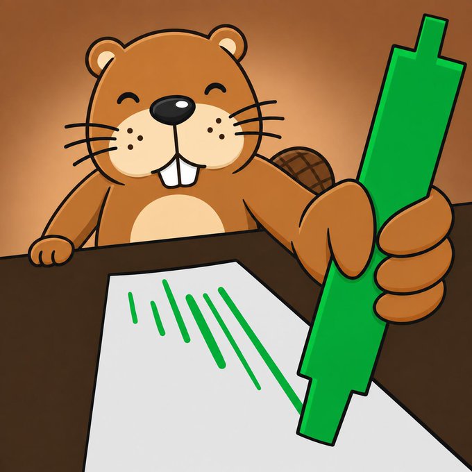 A cartoon beaver mascot smiling while holding a green marker, drawing green lines on a white paper against a desk.