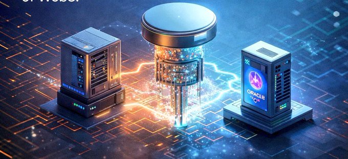 A glowing quantum processing unit flanked by two servers—one displaying the "Oracle Vision" logo—illustrates Quip Network's quantum-vs-classical benchmark, in which the $QUIP-powered quantum solver outperformed or matched a classical solver across nearly 2,000 portfolio optimization runs.