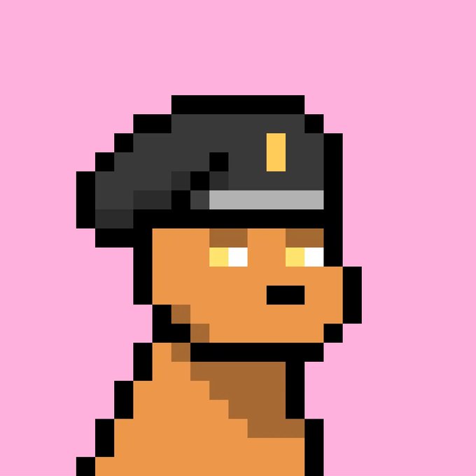 The image features a cartoon of an anthropomorphic dog wearing a hat. The dog has brown color, and there are other people visible behind it as part of the scene. The caption in the accompanying text reads "I loved joining the @doginaldogs community so much I had to upgrade my Jawn Thank you @lil_defi for the trade Type shi @barkmeta @GodsBurnt @shieldmetax".