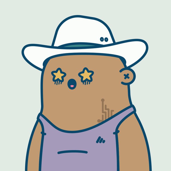 A cartoon illustration of a brown character wearing a white cowboy hat with three dots, star-shaped eyes, an open mouth, and a purple tank top, featuring circuit board details on the cheek.