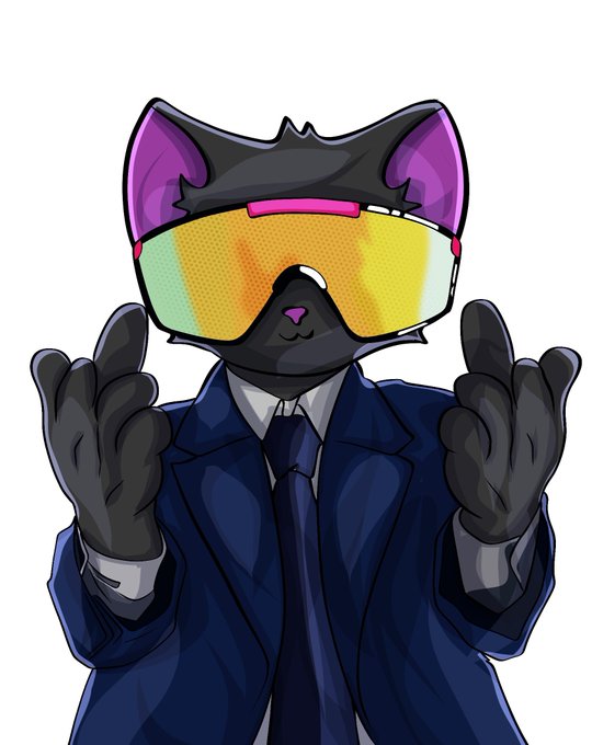 An illustration of a black cartoon cat wearing yellow-orange sunglasses and a navy blue business suit, posing with both hands raised.