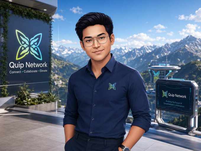 A professional portrait of a young man with glasses wearing a navy blue shirt with a butterfly logo, standing on a modern terrace overlooking snow-capped mountains, with 'Quip Network - Connect, Collaborate, Elevate' branding displayed on screens beside him.
