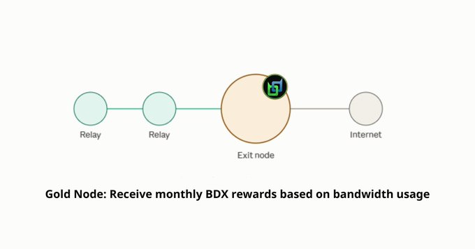 Diagram showing a Gold Node network structure with two relays connected to an exit node and internet, captioned 'Gold Node: Receive monthly BDX rewards based on bandwidth usage'.
