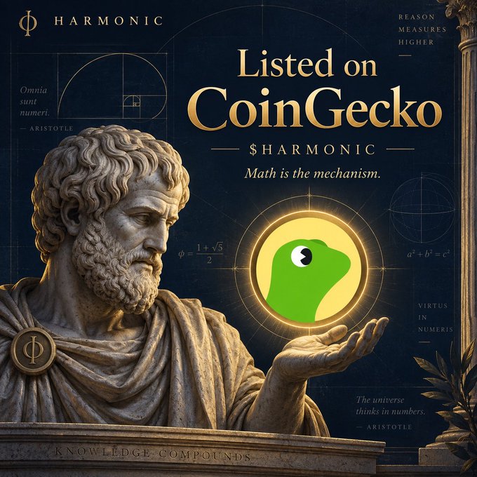 The image is a promotional graphic for the $HARMONIC cryptocurrency, featuring a classical marble statue of a bearded figure holding up a glowing green gecko-like orb, set against a dark background adorned with mathematical formulas (φ = (1+√5)/2, a²+b²=c²) and Latin phrases like "VIRTUS IN NUMERIS." Bold gold text announces "Listed on CoinGecko" with the tagline "Math is the mechanism," directly celebrating the coin's listing on the platform referenced in the post.