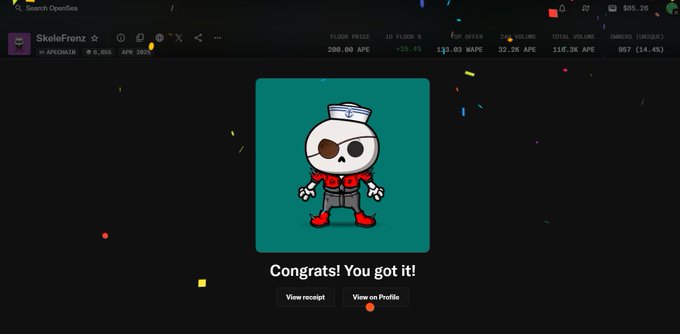A screenshot from OpenSea congratulating a successful NFT purchase of "SkeleFrenz" #2631 on the ApeChain network for 0.0631 WAPE ($3.26 APE), visually representing the Genesis Bugz NFT drop mentioned in the post about Unvault's omnichain marketplace launchpad.